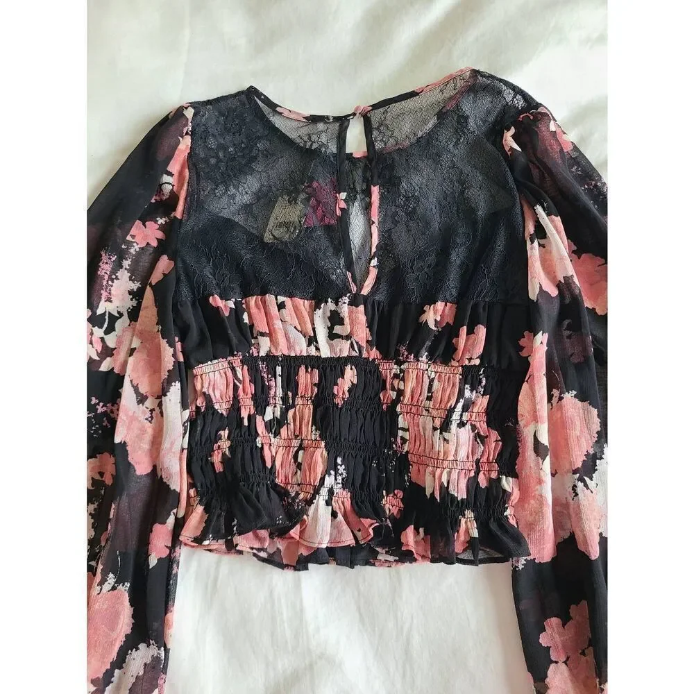 Free People Womens Sheer Embroidered Lace Daphne Blouse Midnight Combo Small NWT